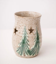 Load image into Gallery viewer, Small votive candle holder with winter trees scene. Ceramic holiday lantern tea lite votive stars moon