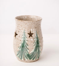 Load image into Gallery viewer, Small votive candle holder with winter trees scene. Ceramic holiday lantern tea lite votive stars moon