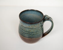 Load image into Gallery viewer, Blue and rust red hand thrown stoneware mug Clay Coffee cup thumb rest