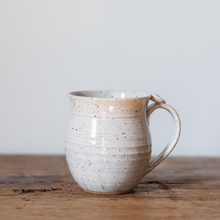 Load image into Gallery viewer, Pottery Coffee Mug Hand Thrown Stoneware mug Speckled White Ceramics thumb rest green