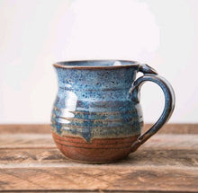 Load image into Gallery viewer, Blue and rust red hand thrown stoneware mug Clay Coffee cup thumb rest