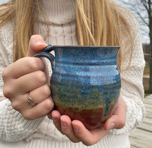 Load image into Gallery viewer, Blue and rust red hand thrown stoneware mug Clay Coffee cup thumb rest