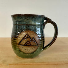 Load image into Gallery viewer, Pottery Mug with Mountains Adventure Mug Functional Ceramics thumb rest Clay mug in blue and green outdoors camping mug