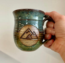 Load image into Gallery viewer, Pottery Mug with Mountains Adventure Mug Functional Ceramics thumb rest Clay mug in blue and green outdoors camping mug