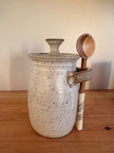 Load image into Gallery viewer, Stash jar with lid and handmade wooden spoon clay pottery stoneware