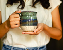 Load image into Gallery viewer, Pottery Mug With Thumb Rest Blue and White Ceramics
