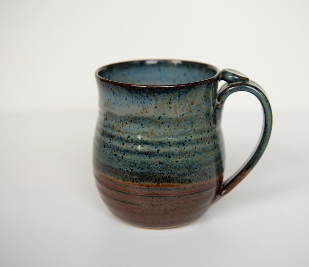 Blue and rust red hand thrown stoneware mug Clay Coffee cup thumb rest