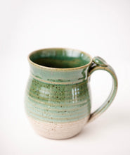 Load image into Gallery viewer, Handmade Ceramic Coffee Mug Pottery mug with thumb rest green and white glaze
