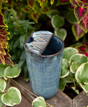 Load image into Gallery viewer, Ceramic Travel Mug with Mountain Range in the Lid Pottery Coffee Mug Blue Glaze
