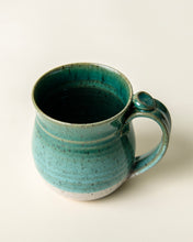 Load image into Gallery viewer, Handmade Ceramic Coffee Mug Pottery mug with thumb rest green and white glaze
