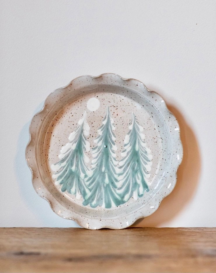 Ceramic Pie Dish Baking Winter Tree Holiday Stoneware