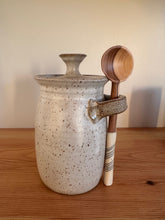 Load image into Gallery viewer, Stash jar with lid and handmade wooden spoon clay pottery stoneware
